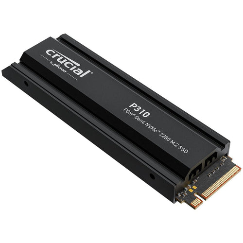 Crucial P310 PS5 SSD 1TB PCIe Gen4 mit Kühlkörper. Schwarzer, rechteckiger Datenspeicher für PS5-Konsolen, beschleunigt Ladezeiten.