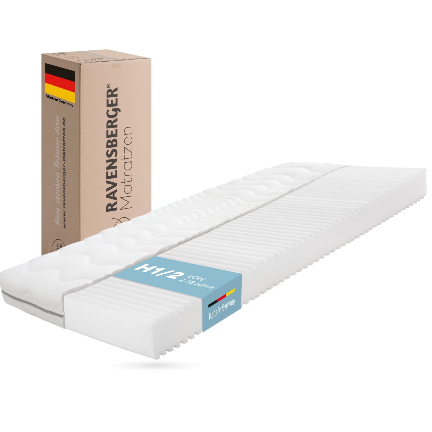 RAVENSBERGER Kinder-/Jugendmatratze Softwelle Kaltschaum 90x200 H1/H2. Kaltschaum mit Wellenprofil für H1/H2 Körperunterstützung.