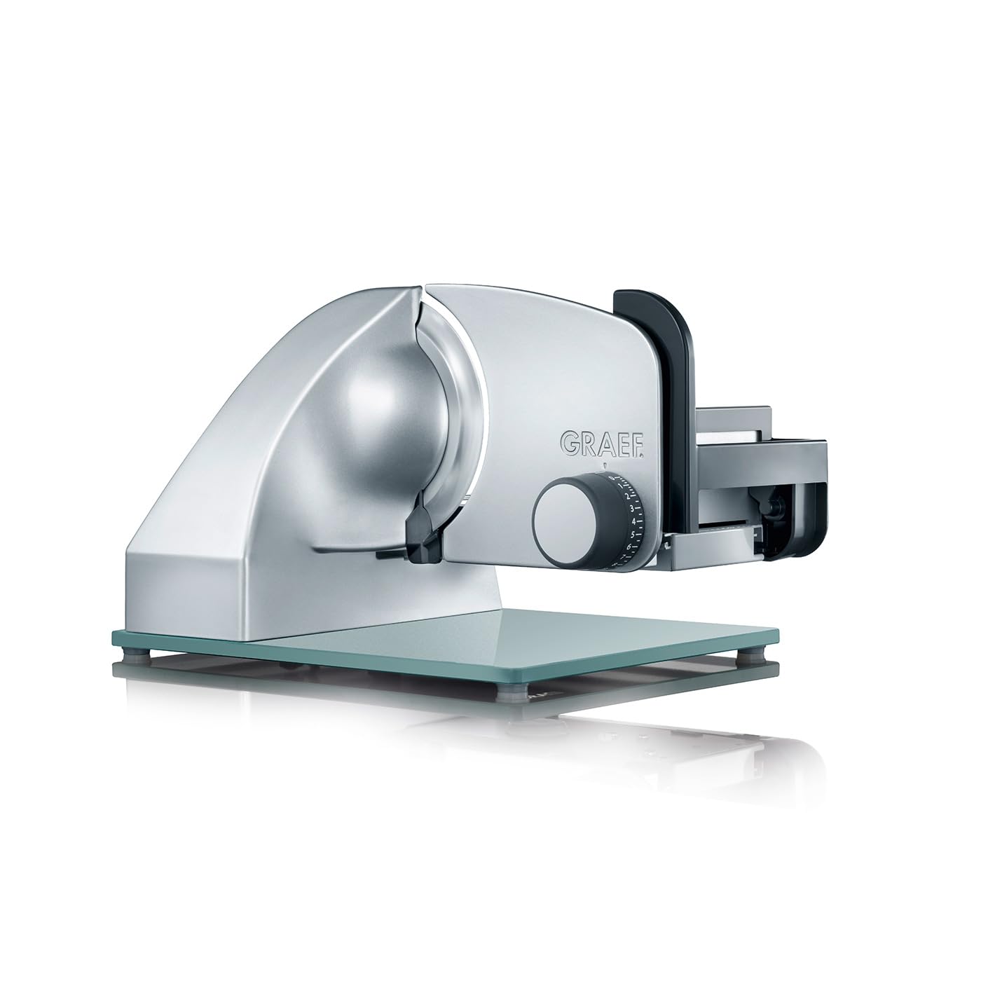 GRAEF Master M20 Elektrischer Allesschneider Vollmetall - Silber. Kompaktes, silbernes Vollmetallgerät zum präzisen Schneiden von Brot, Wurst und Käse.