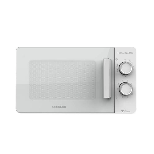 Cecotec Mikrowelle ProClean 3020 - 20 Liter 700 Watt Weiss. Kompaktes, weißes Gehäuse. Erwärmt Speisen mit 700W Mikrowelle.