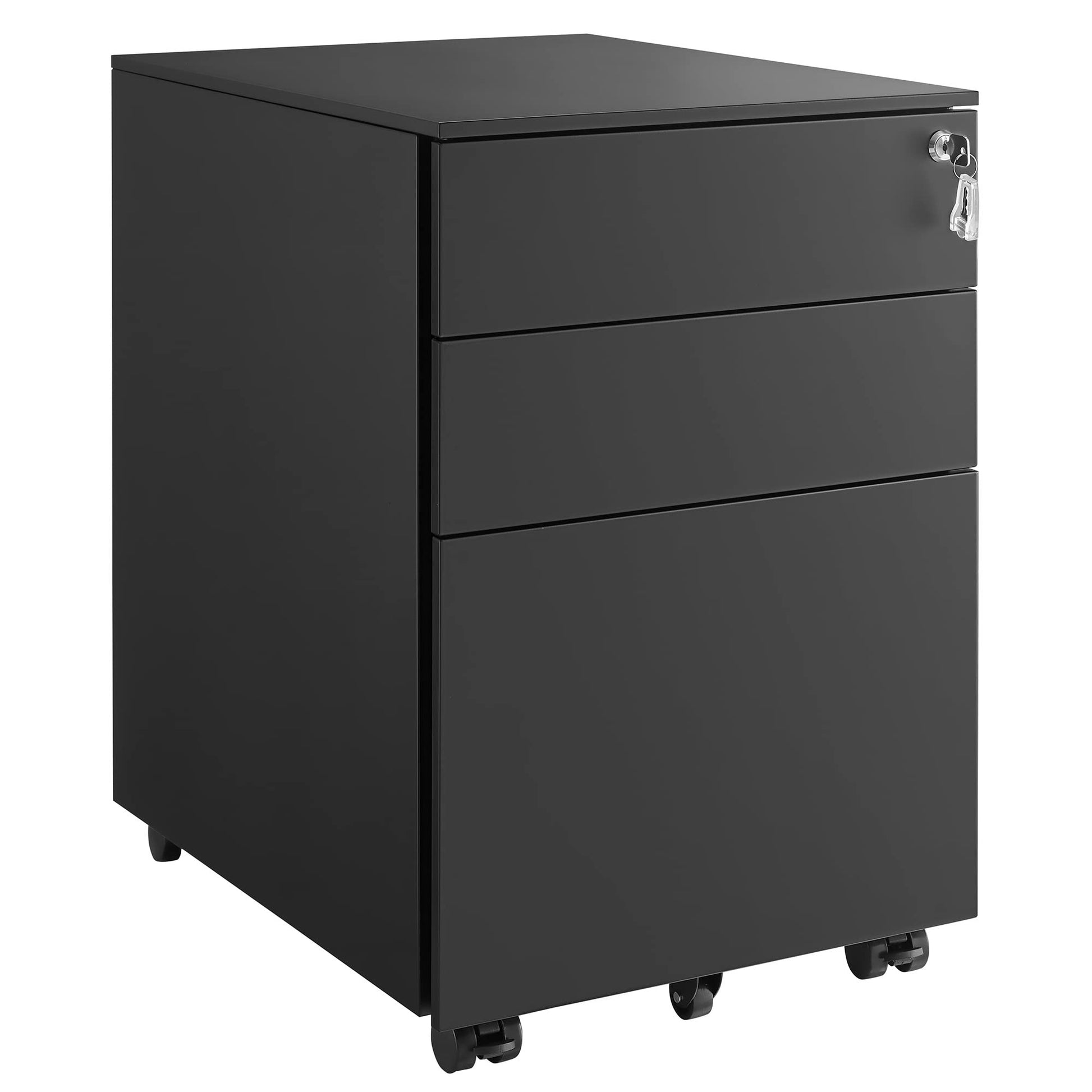 SONGMICS Rollcontainer OFC60BK – 3 Schubladen, Schwarz, abschliessbar. Kubischer Rollcontainer zur sicheren Büroorganisation unter dem Schreibtisch.