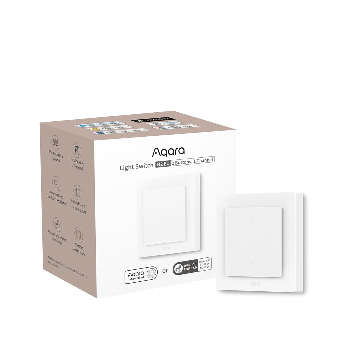 Aqara Lichtschalter H2 EU, smarter Wandschalter, 2 Tasten 1 Kanal – passend für 55-mm-Schaltsysteme