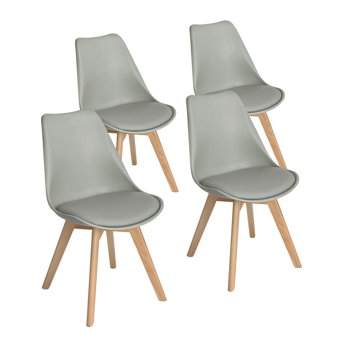 EGGREE Set 4 Buchenholz Skandi Retro Küchenstühle - Grau. Vier Stühle mit Buchenholzbeinen und grauer, geformter Sitzschale. Ideal als Esszimmerstuhl.