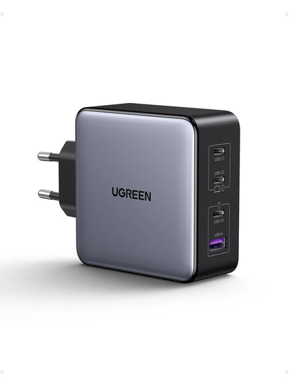 UGREEN Nexode X USB-C GaN Schnellladegerät - 160W 4-Port: Schwarzes, quaderförmiges Gerät. Lädt schnell über 4 USB-C-Anschlüsse.