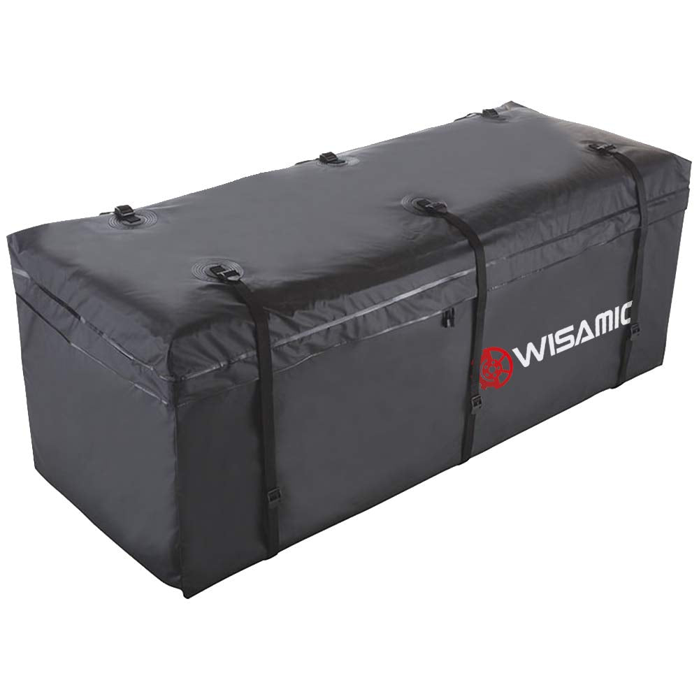 Wisamic Heckbox Transporttasche – 566L Wasserdicht. Große, schwarze, rechteckige Tasche zur wasserdichten Gepäckaufbewahrung am Fahrzeugheck.