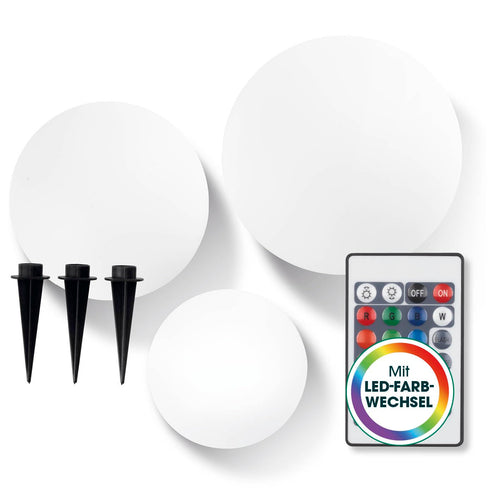 EASYmaxx LED Solarleuchte Dekokugel 3er-Set mit Fernbedienung, kugelförmig, mit Erdspiess