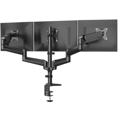 HUANUO 3-fach Monitorhalterung, schwarz. Montage von drei Monitoren am Schreibtisch für ergonomische Positionierung.