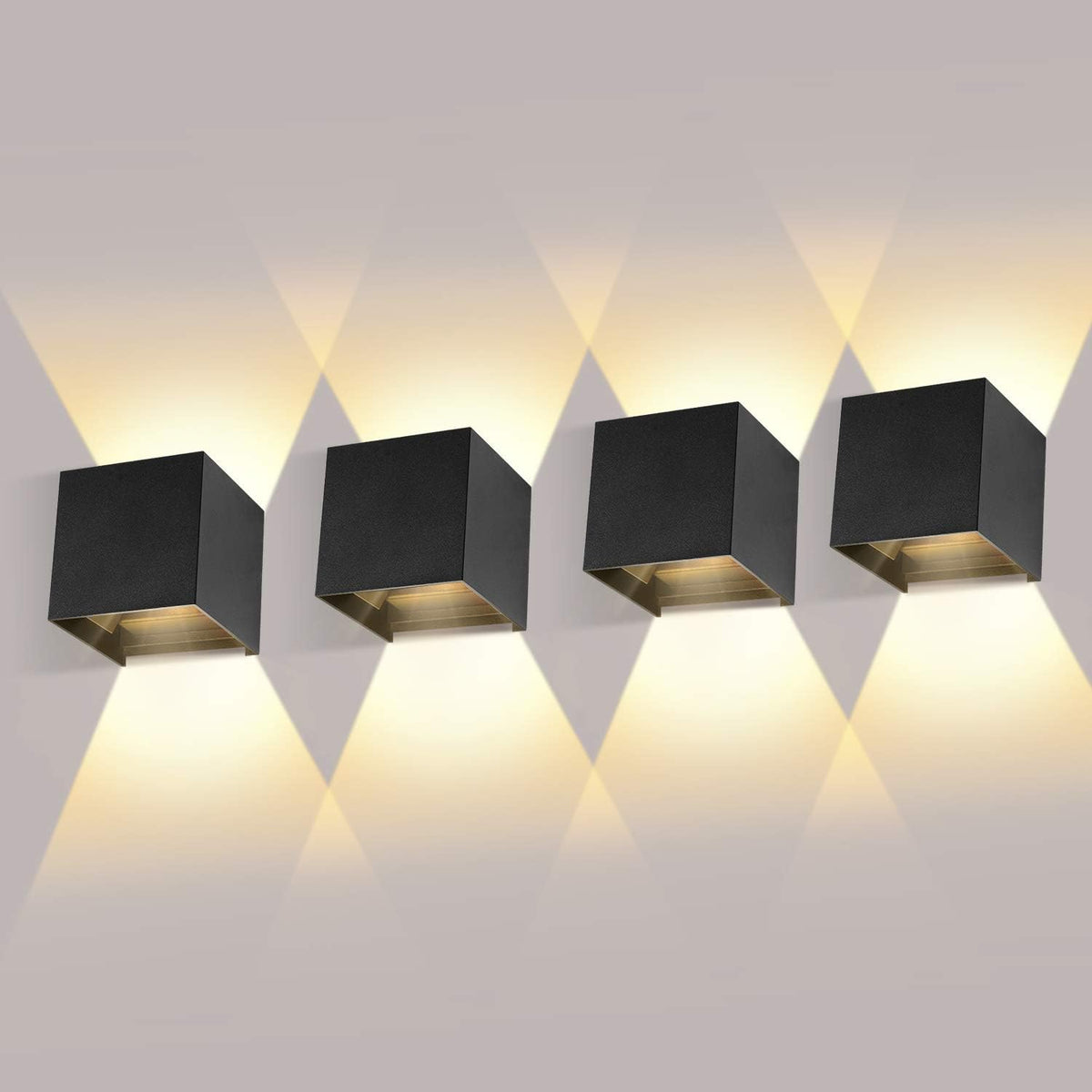 ledmo 4er LED Wandleuchten Innen/Aussen 12W warmweiss schwarz. Schwarze, kompakte Leuchten spenden warmweißes Licht für Innen- und Aussenbeleuchtung.