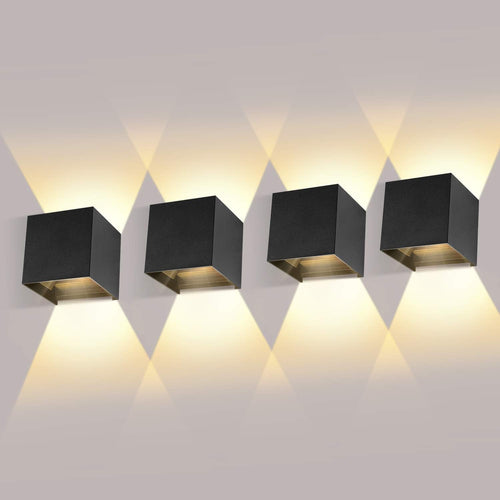 ledmo 4er LED Wandleuchten Innen/Aussen 12W warmweiss schwarz. Schwarze, kompakte Leuchten spenden warmweißes Licht für Innen- und Aussenbeleuchtung.