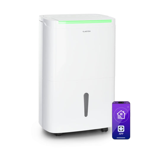 Klarstein DryFy Connect 50L Smart Luftentfeuchter - Weiss. Quaderförmiger, weißer Kondensationstrockner zur effektiven Raumluft-Entfeuchtung.
