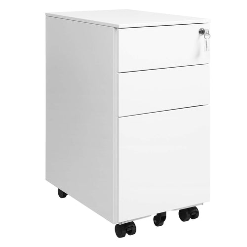 SONGMICS OFC031W01 Rollcontainer – Weiss, 3 Schubladen, abschliessbar. Mobiler Schrank für sichere Büroorganisation.