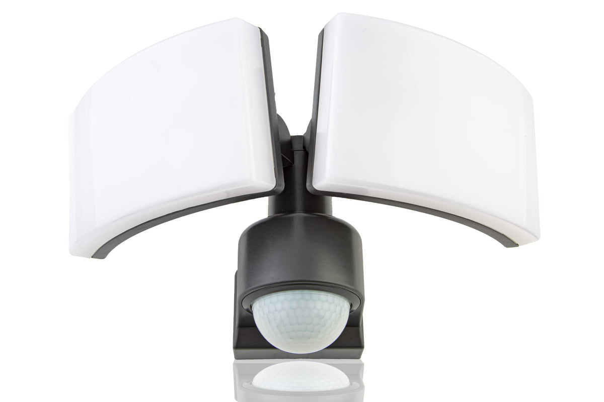 HUBER LED Strahler 2x20W mit 360° Bewegungsmelder Anthrazit. Anthrazitfarbener LED-Doppelstrahler für automatische Außenbeleuchtung.