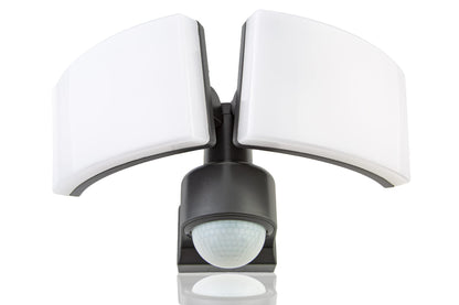 HUBER LED Strahler 2x20W mit 360° Bewegungsmelder Anthrazit. Anthrazitfarbener LED-Doppelstrahler für automatische Außenbeleuchtung.