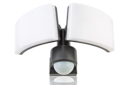 HUBER LED Strahler 2x20W mit 360° Bewegungsmelder Anthrazit. Anthrazitfarbener LED-Doppelstrahler für automatische Außenbeleuchtung.