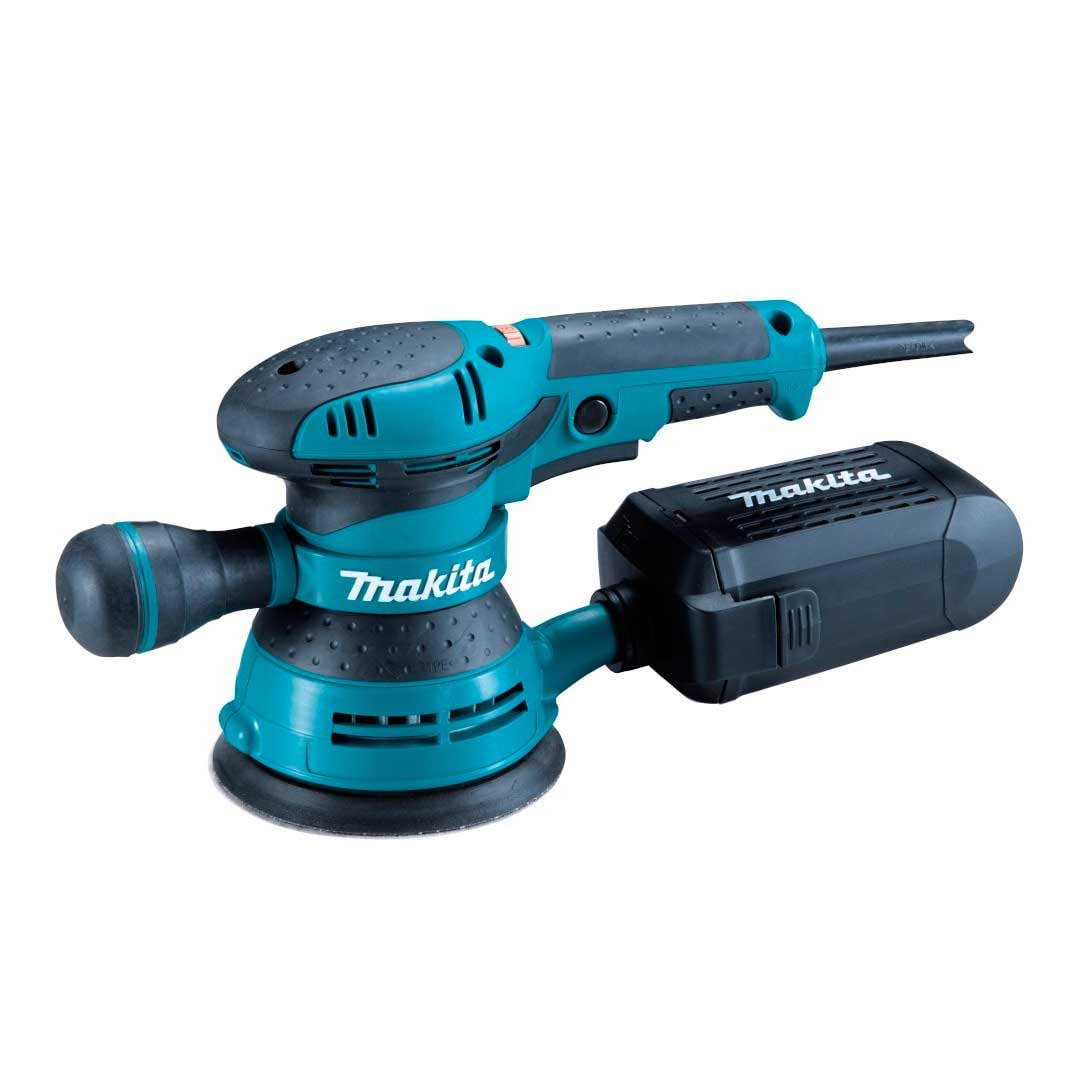 Makita BO5041 Exzenterschleifer mit 125 mm Schleifteller. Blau-schwarzes Kompaktgerät mit rundem Teller zum Feinschleifen, Polieren.