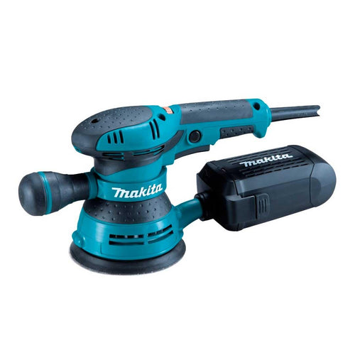 Makita BO5041 Exzenterschleifer mit 125 mm Schleifteller. Blau-schwarzes Kompaktgerät mit rundem Teller zum Feinschleifen, Polieren.