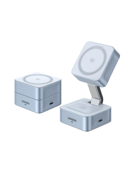UGREEN MagFlow 2-in-1 MagSafe Qi2 Ladegerät 25W. Weißer Ladeständer mit zwei Ladebereichen. Lädt 2 Qi2-Geräte parallel.