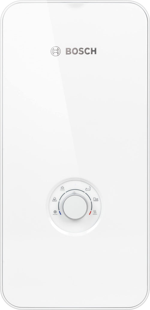 Bosch Tronic Comfort Plus Durchlauferhitzer – 21/24/27 kW weiss. Rechteckiges, weißes Gerät zur elektronischen Warmwasserbereitung an Zapfstellen.