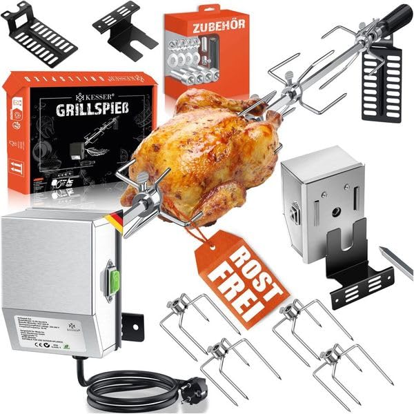 KESSER® Edelstahl Grillspiess Set 107cm für Weber Spirit Gasgrill: Drehspieß mit Gabeln zum Rotieren von Grillgut auf Weber Spirit Gasgrills.