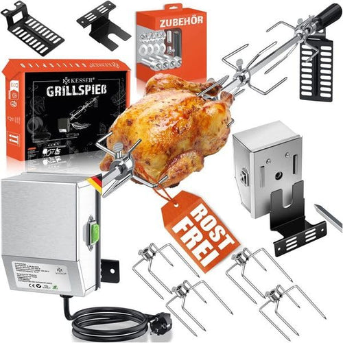 KESSER® Edelstahl Grillspiess Set 107cm für Weber Spirit Gasgrill: Drehspieß mit Gabeln zum Rotieren von Grillgut auf Weber Spirit Gasgrills.