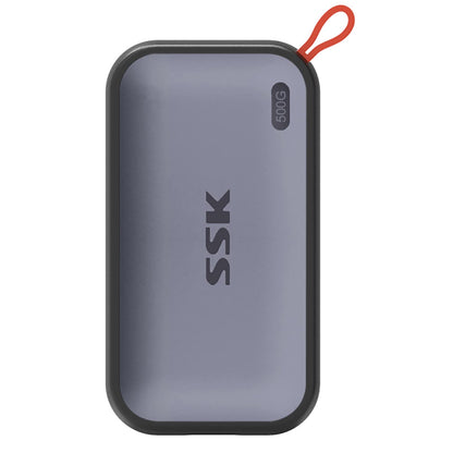 SSK Tragbare Externe NVME SSD USB 3.2 Gen 2 - 500GB. Schwarze, rechteckige SSD zur externen NVMe-Datenspeicherung.