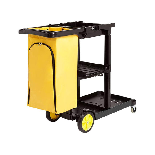 Amazon Basics Reinigungswagen mit Tasche & 2 Ablagen - Schwarz/Gelb. Schwarz-gelber Rollwagen m. Textiltasche u. 2 Ablagen für Putzmittel/Abfalltransport.
