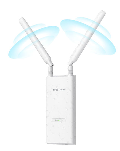BrosTrend AC1200 Outdoor WLAN Verstärker IP65 DualBand, weißes, rechteckiges Gehäuse. Erweitert WLAN-Reichweite im Außenbereich.