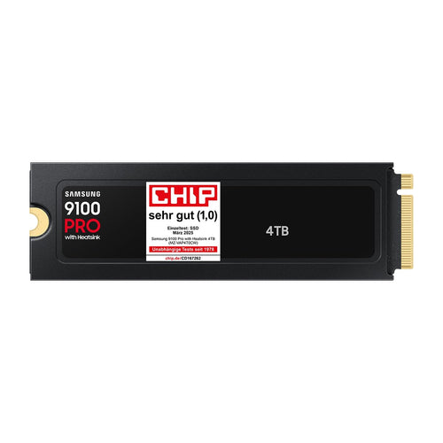 Samsung 9100 PRO Heatsink NVMe M.2 SSD 4 TB PCIe 5.0. Silbernes M.2-Modul mit Kühlkörper zur Datenspeicherung.