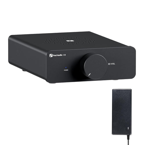 Fosi Audio V3 HiFi Mini Stereo Verstärker: Kompaktes, rechteckiges Gerät. Verstärkt Audiosignale (2x300W) für passive Lautsprecher.