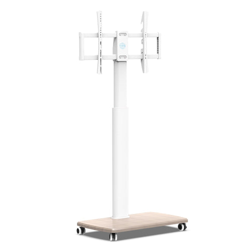 FITUEYES TV Bodenständer rollbar mit Holzablage 32-70 Zoll: Schwarzer Standfuß, Rollen, braune Holzablage. Mobile TV-Halterung für 32-70 Zoll TVs.