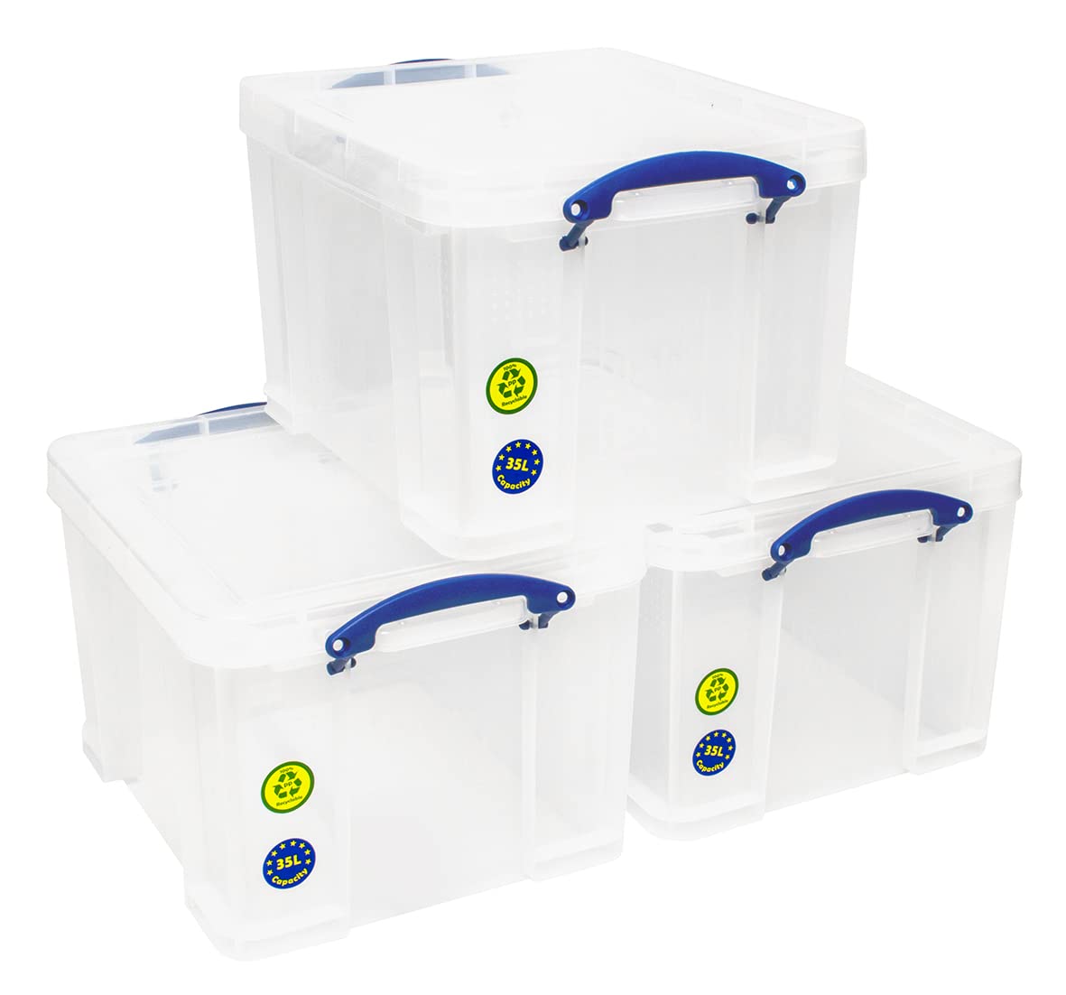 Really Useful Aufbewahrungsboxen 3er-Pack 35 l farblos. Transparente Rechteckboxen aus Kunststoff zur Organisation & Aufbewahrung.