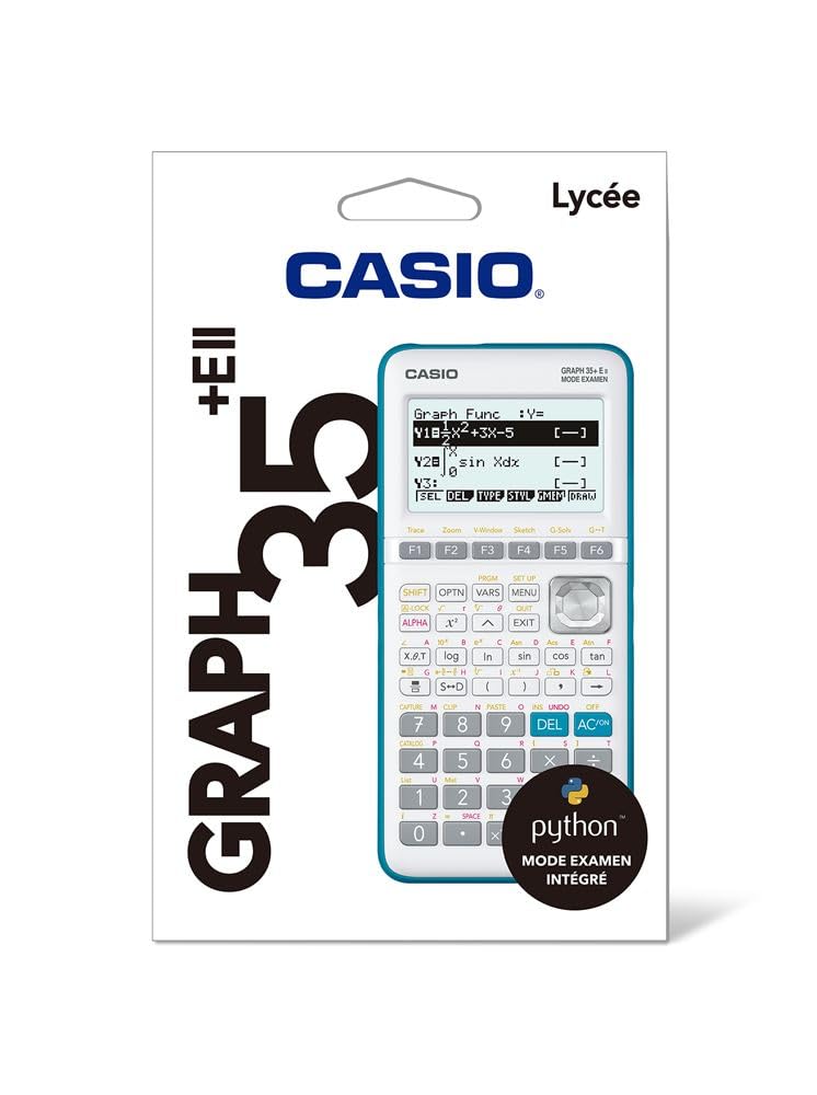 CASIO Graph 35 + E II Python Programmierbarer Grafikrechner: Schwarz, rechteckig mit Display, Tastatur. Plottet Funktionen, Python.