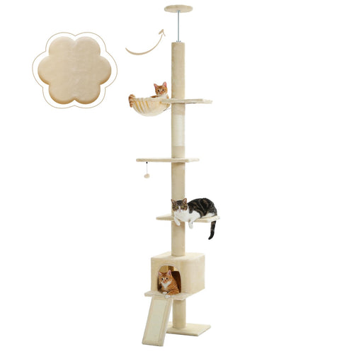 PAWZ Road Kratzbaum Deckenhoch Höhenverstellbar – Beige. Beiger Kletter- & Kratzbaum mit Sisalstämmen, höhenverstellbar.
