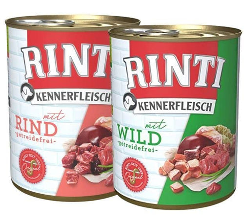 Rinti Kennerfleisch Multipack Hundefutter Rind & Wild 24x800g. Zylindrische Dosen. Alleinfuttermittel für Hunde zur täglichen Fütterung.
