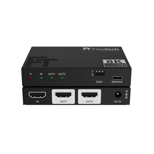 FeinTech SP210 HDMI 2.1 Splitter 4K 120Hz 8K für 2 Monitore. Schwarzer, kompakter Splitter, teilt ein HDMI-Signal auf zwei Ausgänge.