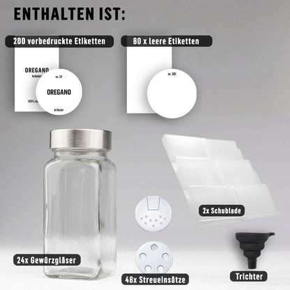 Deco haus Gewürzregal Schublade mit 24 Gewürzgläsern und Etiketten