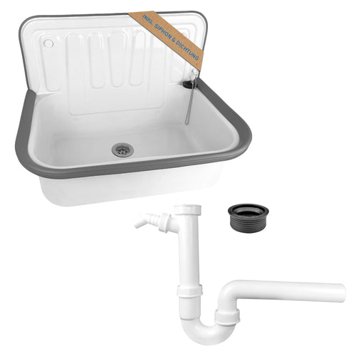 kör4u Komplettset Ausgussbecken Stahl weiss 50cm – mit Siphon. Rechteckiges Stahlbecken in Weiß, 50cm, für Schmutzwasserentsorgung im Hauswirtschaftsraum.