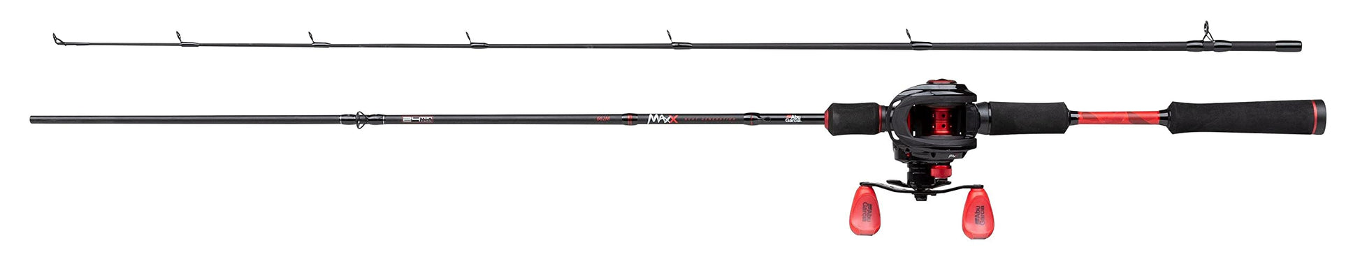 Abu Garcia MAX X Raubfisch Baitcast Combo - Black/Red. Schwarze/rote Rute mit Baitcast-Rolle für präzises Raubfischangeln.