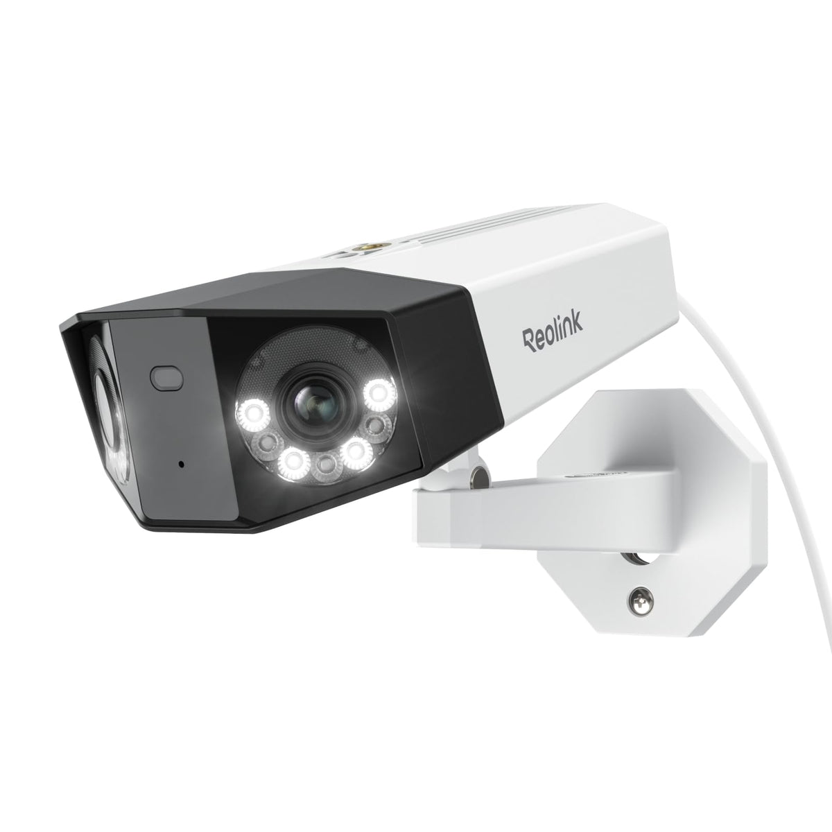 Reolink Duo 2 PoE 4K Dual-Lens Überwachungskamera aussen, weisse Dual-Lens-Kamera. Überwacht Aussenbereiche mit 4K Weitwinkelansicht.