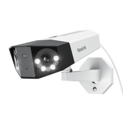 Reolink Duo 2 PoE 4K Dual-Lens Überwachungskamera aussen, weisse Dual-Lens-Kamera. Überwacht Aussenbereiche mit 4K Weitwinkelansicht.