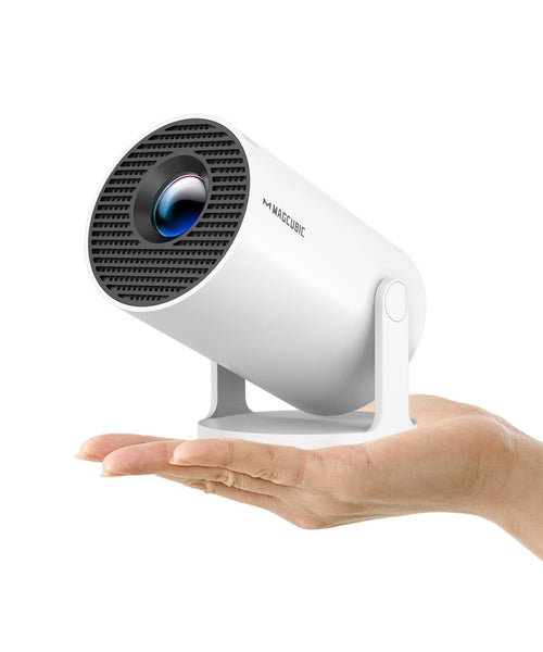 Smart Beamer Android 11 4K Tragbar 1080P Projektor. Rechteckiger, dunkler Projektor. Projektion von 1080P-Inhalten mit 4K-Input über Android 11 für mobile Nutzung.