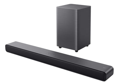 TCL S55HE Soundbar 2.1 Kanal System mit kabellosem Subwoofer. Schwarze, schlanke Soundbar für raumfüllende TV-Audio-Wiedergabe.