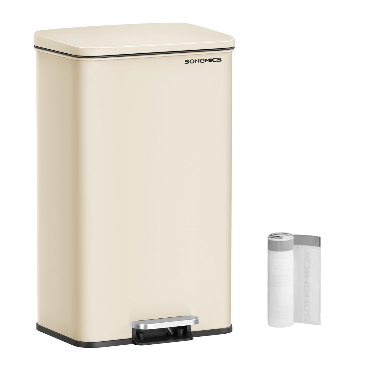 SONGMICS Tretmülleimer 40 Liter aus Stahl mit Softclose, sandbeige, mit Deckel und Tretpedal