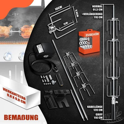 KESSER® elektrischer Edelstahl Grillspieß Set 107cm für Weber Spirit