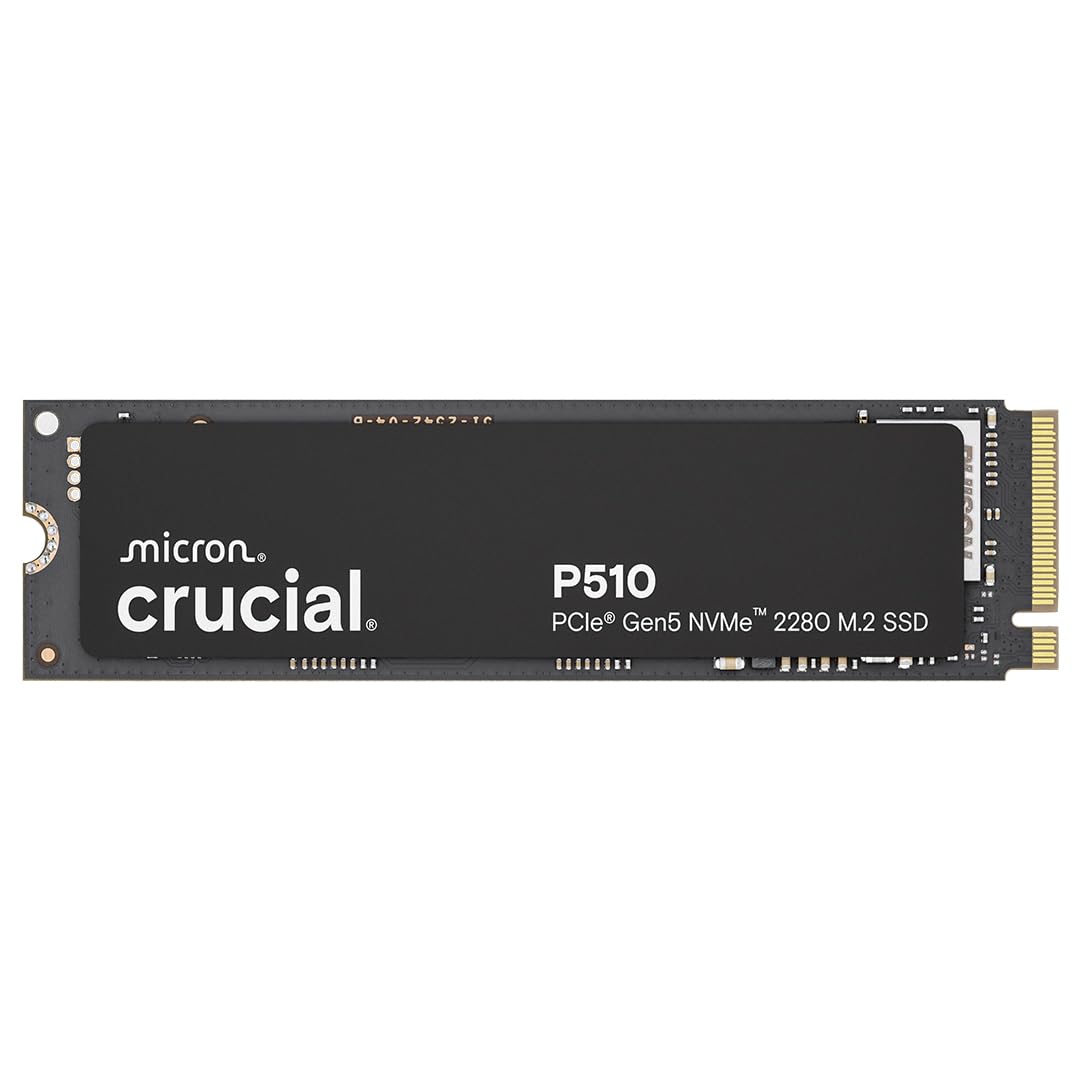 Crucial P510 1TB M.2 NVMe SSD - PCIe 5.0 Gen5. Schwarze, rechteckige M.2-Platine. Speichert Daten, beschleunigt PC-Leistung.
