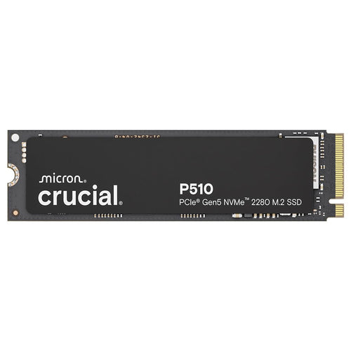 Crucial P510 1TB M.2 NVMe SSD - PCIe 5.0 Gen5. Schwarze, rechteckige M.2-Platine. Speichert Daten, beschleunigt PC-Leistung.