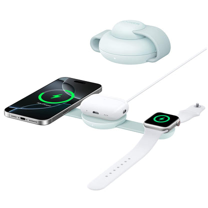 Anker MagGo 3-in-1 Kabellose Ladestation EU/US/UK: Schwarze Ladestation mit aufrechter MagSafe-Fläche. Lädt iPhone, Watch, AirPods kabellos.