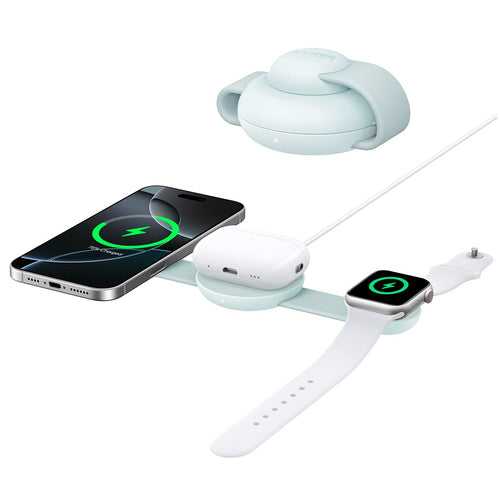 Anker MagGo 3-in-1 Kabellose Ladestation EU/US/UK: Schwarze Ladestation mit aufrechter MagSafe-Fläche. Lädt iPhone, Watch, AirPods kabellos.