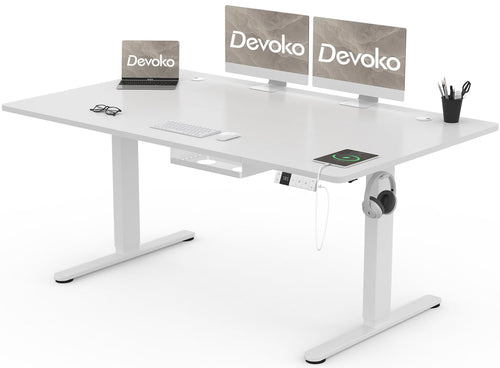 Devoko Höhenverstellbarer Elektrischer Schreibtisch 160x80cm - Weiss: Rechteckiger, weißer Schreibtisch. Ermöglicht elektrisch höhenverstelltes, ergonomisches Arbeiten im Sitzen oder Stehen.