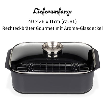 GSW Rechteckbräter Gourmet Aluguss mit Deckel und Grilleinsatz 8 L